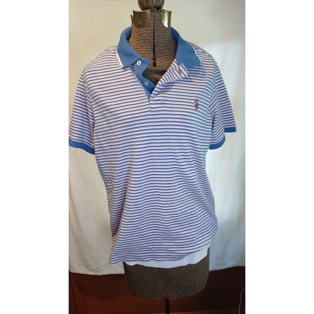 US Polo Assn Mens Luxury Feel Striped Polo Shirt Blue Pink White Medium M